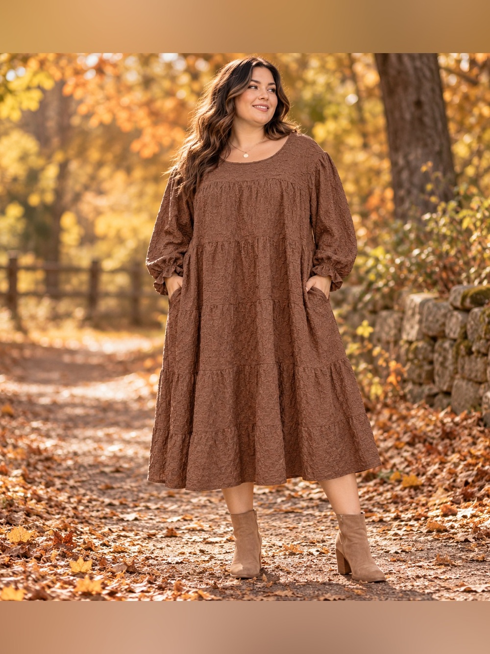 Polagram Brown Textured Tiered Midi Dress 3XL Plus Size NWT